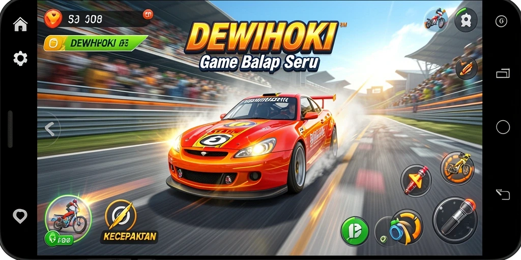Tampilan gameplay DEWIHOKI dengan aksi balapan yang seru.